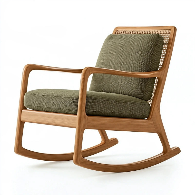 Schaukelstuhl 70 x 95 x 98 cm aus Holz und Rattan in Olivgrün mit Polsterung
