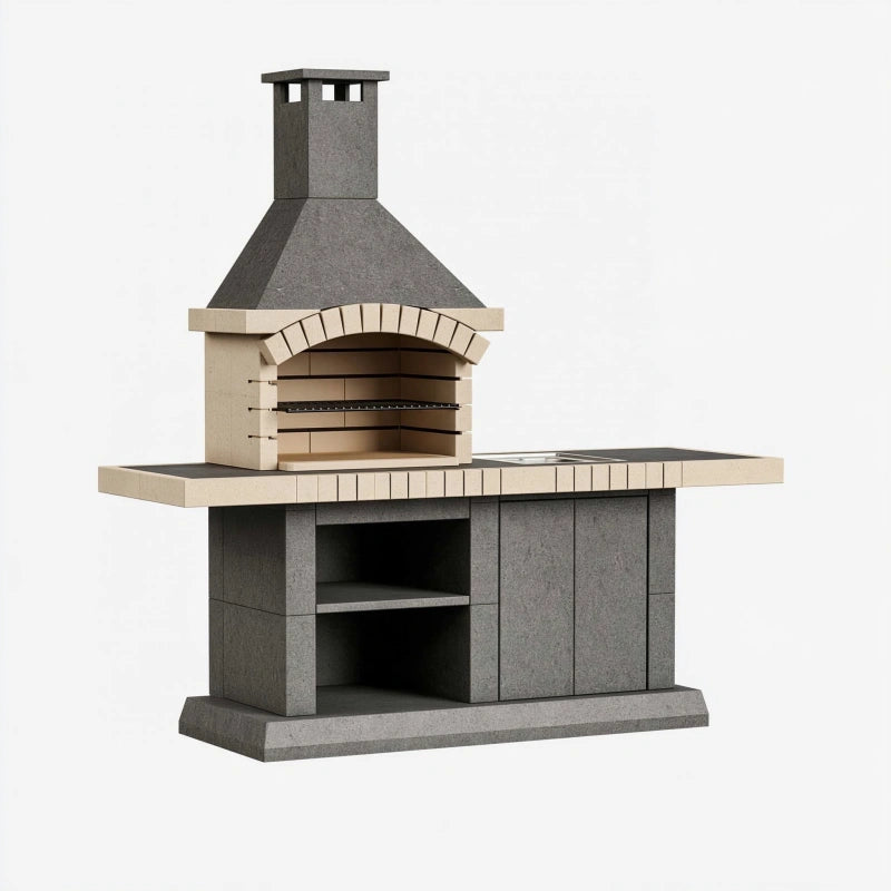 Outdoor-Pizzaofen 220 x 80 x 230 cm aus Beton und Metall in Grau Beige mit Arbeitsfläche