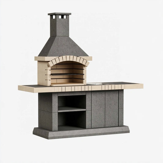 Outdoor-Pizzaofen 220 x 80 x 230 cm aus Beton und Metall in Grau Beige mit Arbeitsfläche