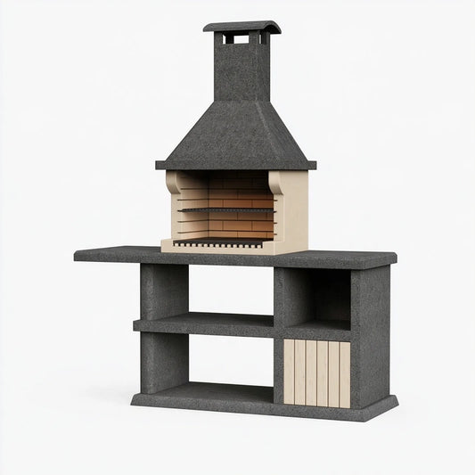 Grillstation 150 x 70 x 210 cm aus Beton Grau Beige mit Kamin und Stauraum