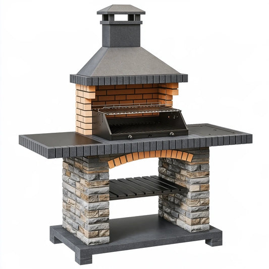 Gartengrill 160 x 75 x 220 cm aus Stein und Metall grau - gemauerter Holzkohlegrill mit Kamin