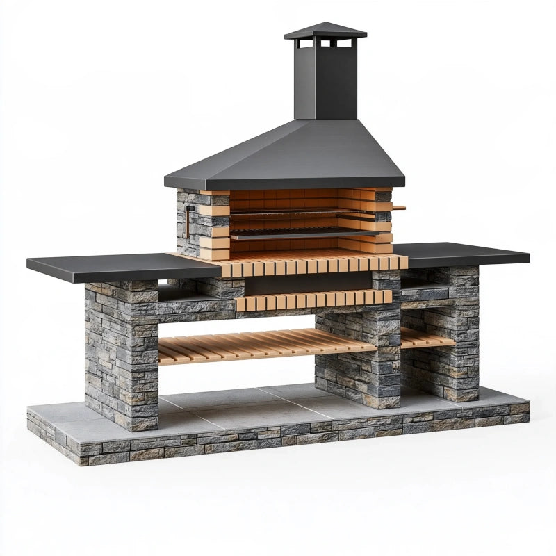 Grillstation 250 x 90 x 230 cm aus Stein und Stahl in Anthrazit für den Garten