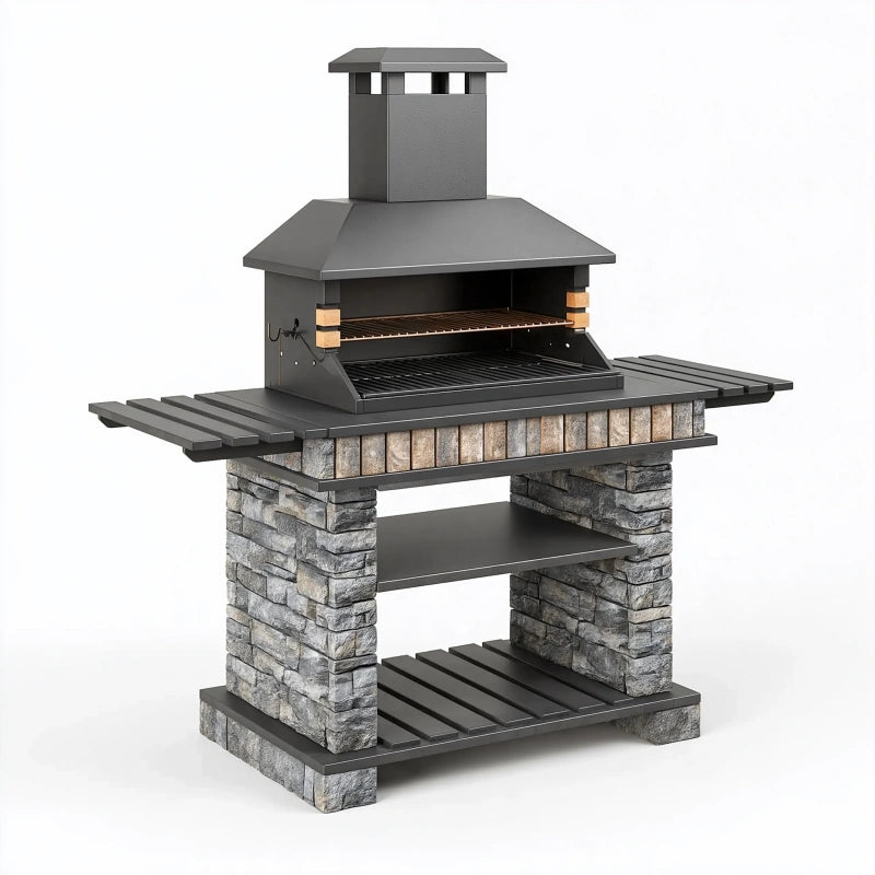 Gartengrill 150 x 70 x 190 cm aus Metall und Steinoptik anthrazit mit Kamin und Ablageflächen
