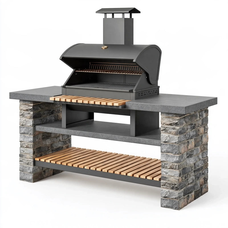 Grillstation 180 x 70 x 220 cm aus Metall und Steinoptik in Anthrazit für den Aussenbereich mit Deckel