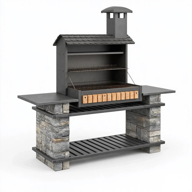 Grillkamin 150 x 70 x 190 cm aus Metall in Anthrazit mit Grillrosten und Kamin