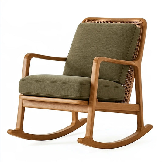 Schaukelstuhl 68 x 95 x 98 cm aus Holz und Rattan mit olivgrünem Stoffbezug