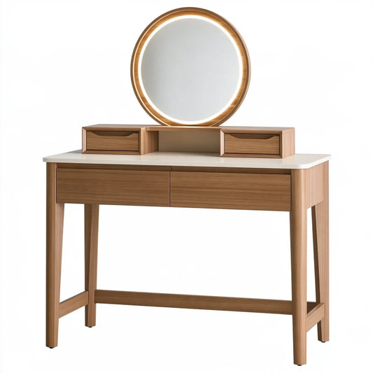 Schminktisch-Set 120 cm Holzwerkstoff Naturbraun Weiss mit beleuchtetem Rundspiegel