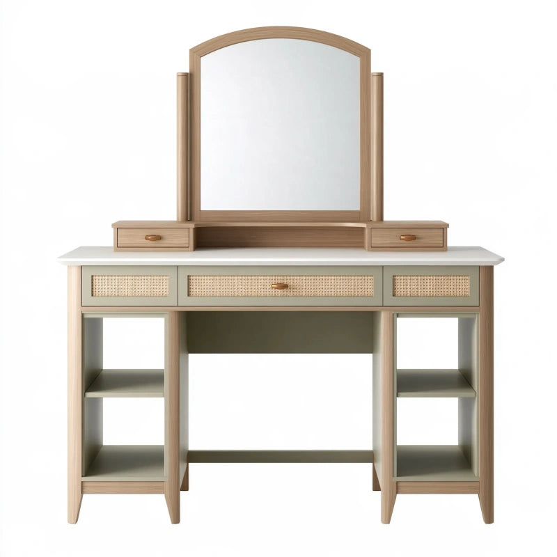 Schminktisch 120 x 45 x 150 cm Holz Beige mit Spiegel und Schubladen Landhausstil