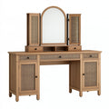 Schminktisch-Set 140 x 45 x 170 cm Holzoptik mit Rattangeflecht und Spiegel