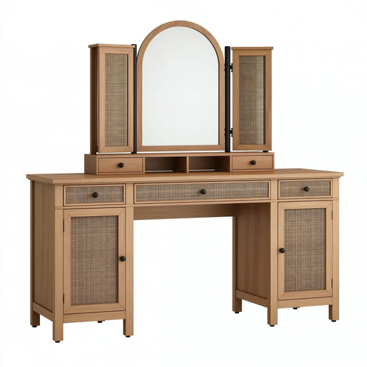 Schminktisch-Set 140 x 45 x 170 cm Holzoptik mit Rattangeflecht und Spiegel