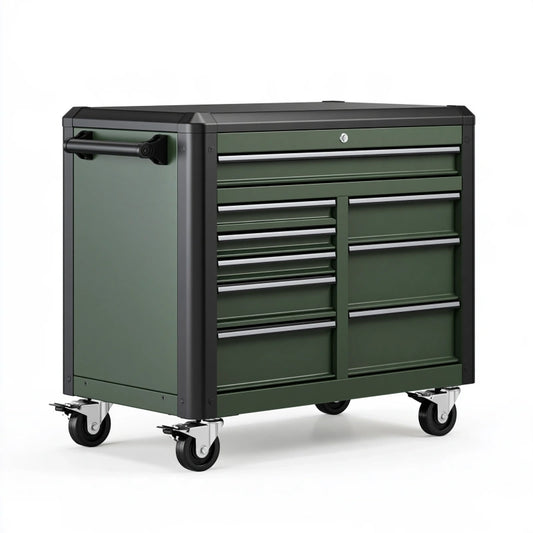 Werkzeugwagen 105 x 50 x 95 cm aus Stahl in Dunkelgrün mit 9 Schubladen