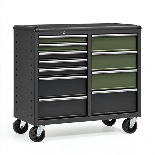 Werkzeugwagen 112 x 46 x 97 cm aus Metall schwarz olivgrün mit Schubladen rollbar